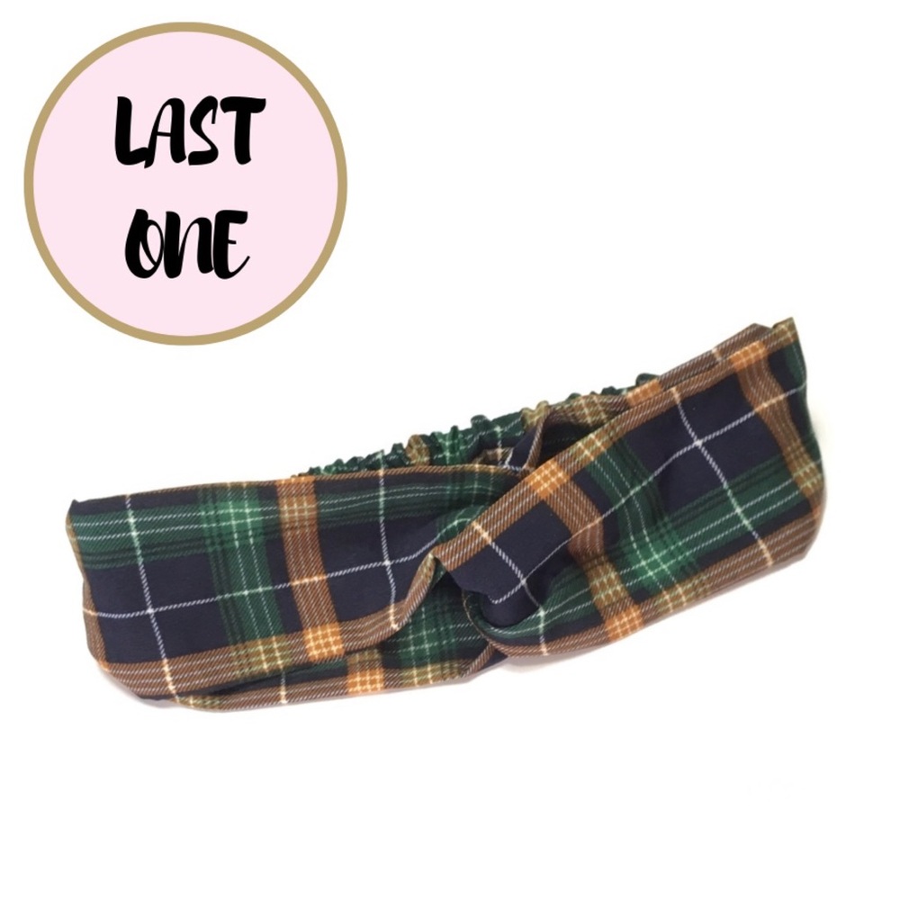 Navy Blue Plaid Print Boho Twist Headband